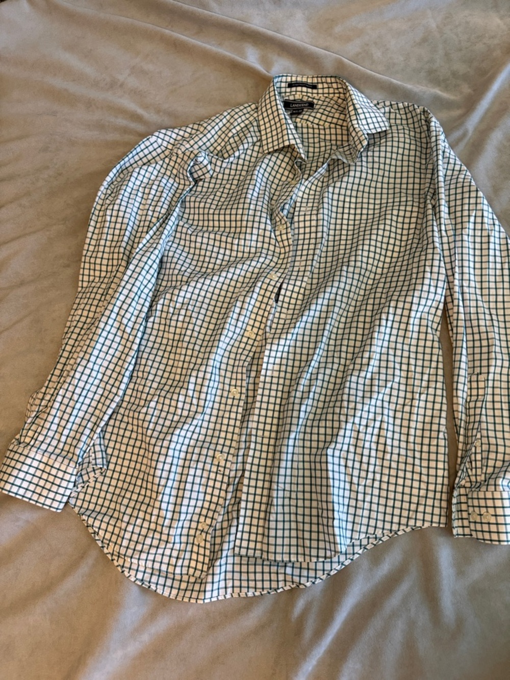 Lands' End White and Teal Grid Dress Shirt